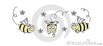 Cartoon bees. Doodle insect set. Vector Illustration